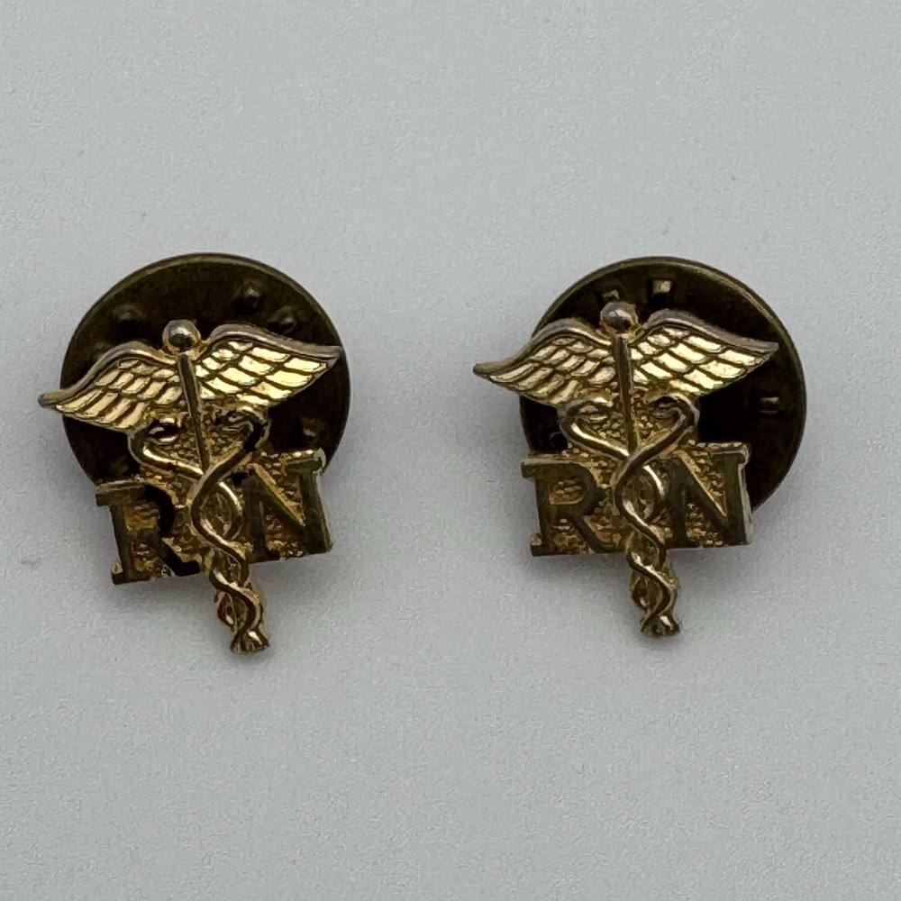 2 Vtg RN Registered Nurse Caduceus Tie Hat Lapel Pin Gold Tone Medical Nursing - Picture 2 of 5